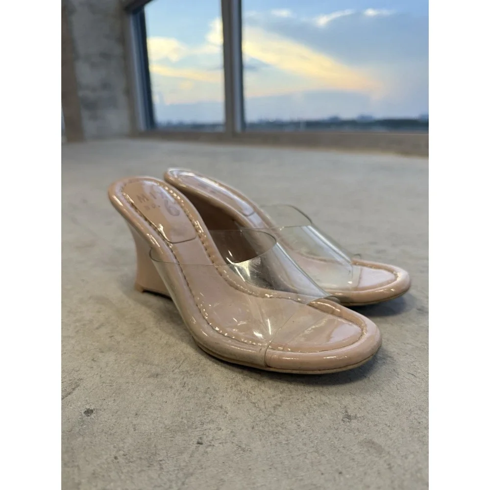 MIX No. 6 Women's Beige/Clear Strappy Wedge Slide Sandals Slip-On US 6 EU 36